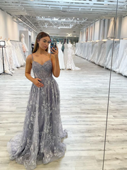Chic A-line Spaghetti Straps Gray Lace Embroidery Long Prom Dresses Evening Gowns MSK011