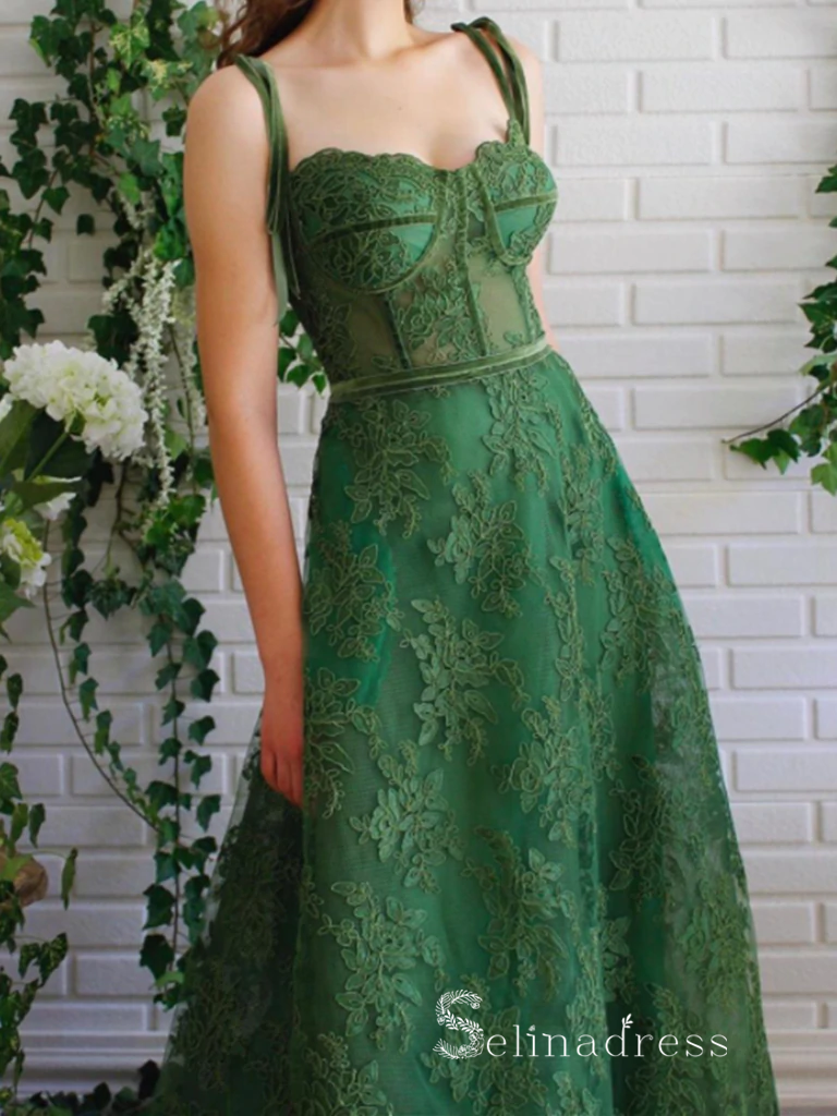 pretty green dresses Pretty V Neck Green Lace Floral Long Prom Dresses, A Line Tulle Formal –  Simplepromdress main image 1