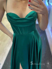 Chic A-line Spaghetti Straps Green Long Prom Dresses Simple Evening Dress MLK027|Selinadress