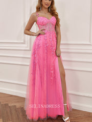 Chic A-Line Spaghetti Straps Hot Pink Applique Lace Prom Dress Elegant Party Dress #LOP001|Selinadress