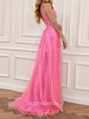 Chic A-Line Spaghetti Straps Hot Pink Applique Lace Prom Dress Elegant Party Dress #LOP001|Selinadress