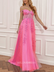 Chic A-Line Spaghetti Straps Hot Pink Applique Lace Prom Dress Elegant Party Dress #LOP001|Selinadress