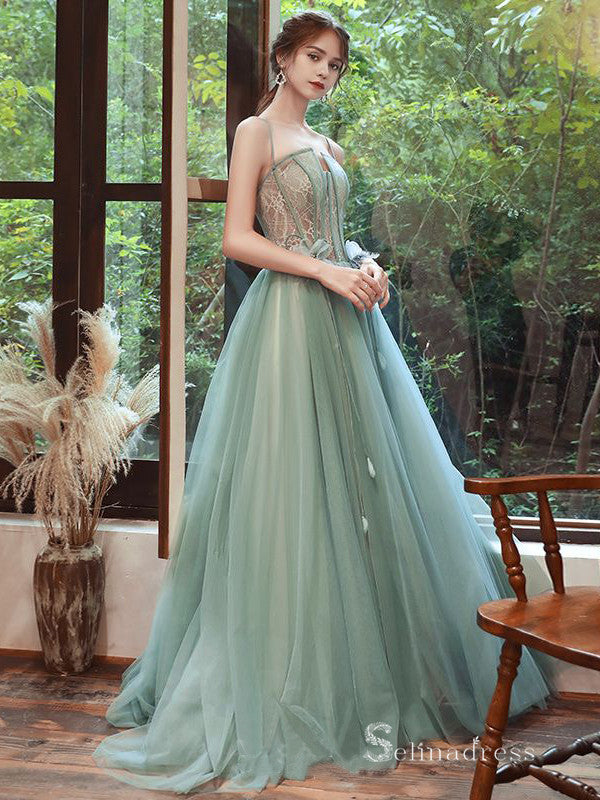 Light Green Spaghetti Strap Prom Dresses A-Line Tulle Evening