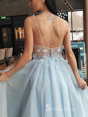 Chic A-line Spaghetti Straps Light Sky Blue Long Prom Dresses Evening Dresses MLH1250|Selinadress