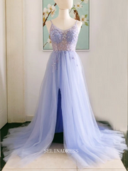 Chic A-line Spaghetti Straps Lilac Long Prom Dresses Beaded Evening Dress OSTY041|Selinadress