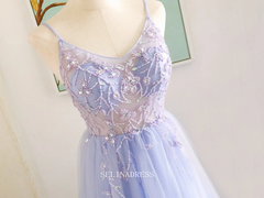 Chic A-line Spaghetti Straps Lilac Long Prom Dresses Beaded Evening Dress OSTY041|Selinadress