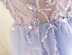 Chic A-line Spaghetti Straps Lilac Long Prom Dresses Beaded Evening Dress OSTY041|Selinadress