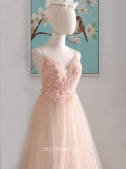 Chic A-line Spaghetti Straps Long Prom Dresses Applique Evening Dress OSTY040