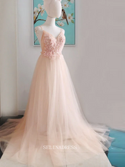 Chic A-line Spaghetti Straps Long Prom Dresses Applique Evening Dress OSTY040