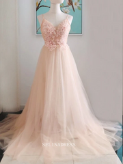 Chic A-line Spaghetti Straps Long Prom Dresses Applique Evening Dress OSTY040