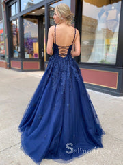 Chic A-line Spaghetti Straps Long Prom Dresses Dark Navy Evening Dress CBD069