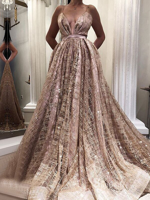 Chic A-line Spaghetti Straps Long Prom Dresses Dusty Pink Sparkly Evening Dresses MLH1999|Selinadress