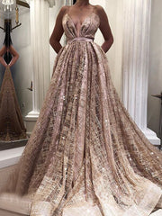 Chic A-line Spaghetti Straps Long Prom Dresses Dusty Pink Sparkly Evening Dresses MLH1999|Selinadress