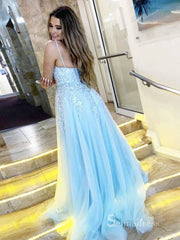 Chic A-line Spaghetti Straps Long Prom Dresses Light Sky Blue Lace Evening Gowns CBD577|Selinadress
