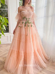 Chic A-line Spaghetti Straps Peach Layered Long Prom Dress Elegant Twilight Elegance Gown #LOP200|Selinadress