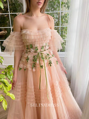 Chic A-line Spaghetti Straps Peach Layered Long Prom Dress Elegant Twilight Elegance Gown #LOP200|Selinadress