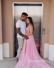 Chic A-line Spaghetti Straps Pink Long Prom Dress Photography Costumes Cheap Formal Dress JKSS515|Selinadress