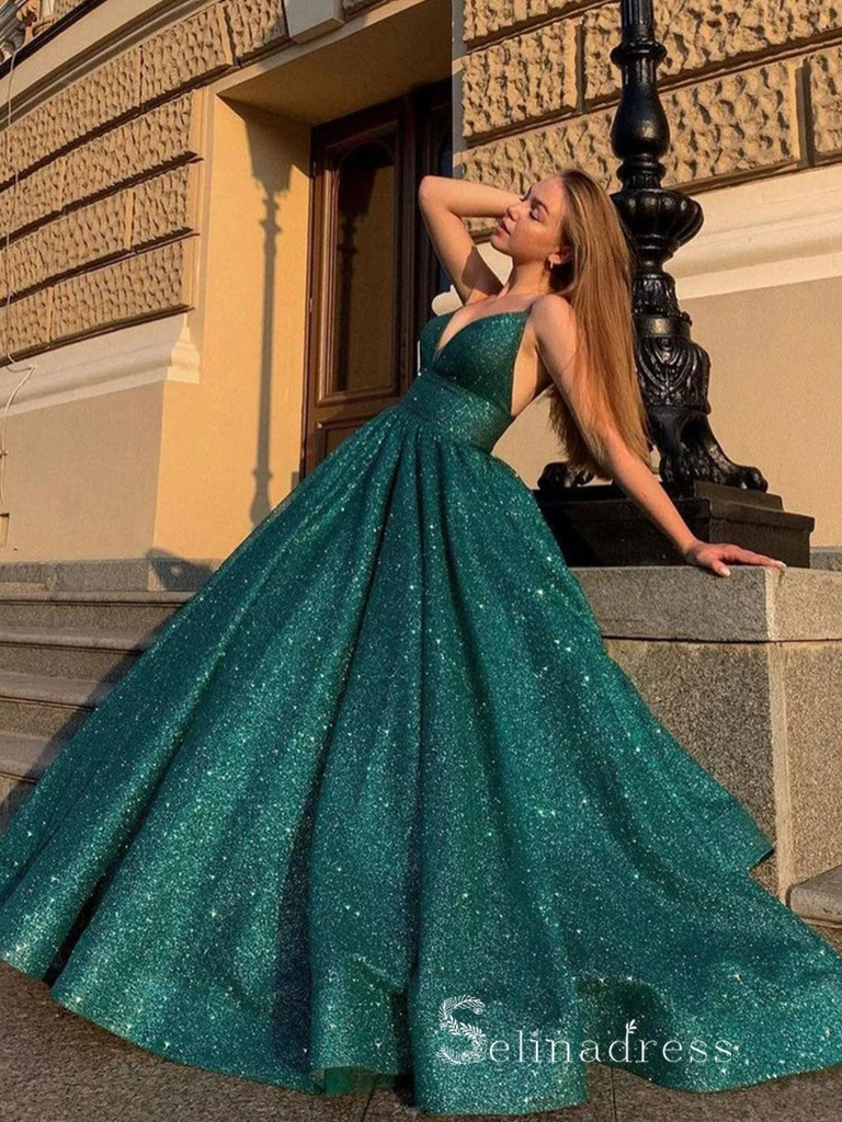 Chic A-line Spaghetti Straps Sparkly Long Prom Dresses Green Evening  Dresses MLH1226