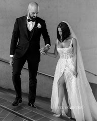 Chic A-line Square Neck 3D Floral Lace Wedding Dress Beaded Rustic Bridal Gowns JKW201|Selinadress