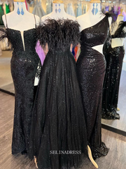 Chic A-line Strapless Black Long Prom Dresses Feather Evening Gowns Pageant Dress TKL061|Selinadress