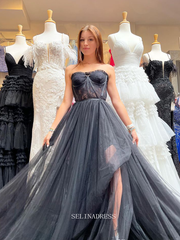 Chic A-line Strapless Black Long Prom Dresses Lace Evening Dresses Pageant Dress TKL064|Selinadress