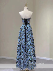 Chic A-line Strapless Morandi Blue Long Prom Dress Elegant Floral Evening Dress #QWE057|Selinadress