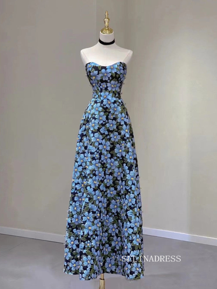 Chic A-line Strapless Morandi Blue Long Prom Dress Elegant Floral Evening Dress #QWE057|Selinadress