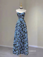 Chic A-line Strapless Morandi Blue Long Prom Dress Elegant Floral Evening Dress #QWE057|Selinadress