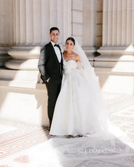 Chic A-line Strapless Satin Wedding Dress Rustic White Bridal Gowns MLS041|Selinadress