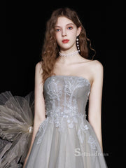 Chic A-line Strapless Unique Long Prom Dresses Cheap Formal Gowns CBD115