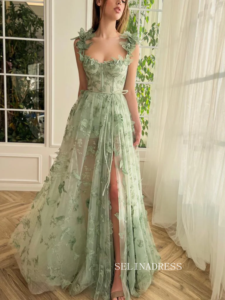 floor length prom dresses Chic A-line Straps 3D Floral Lace Long Prom Dresses With Embroidery Bu – SELINADRESS