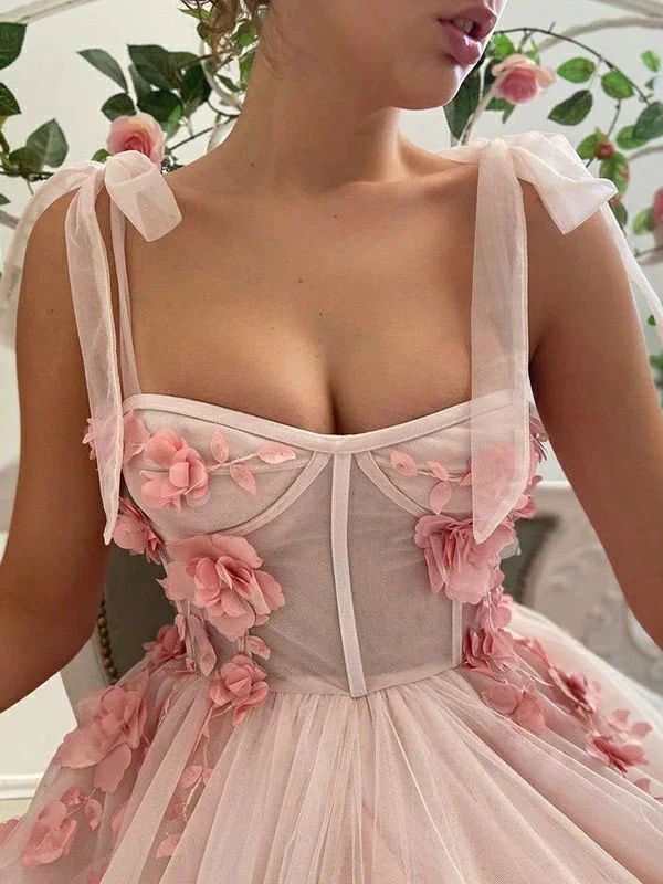 Chic A-line Straps Blushing Pink Prom Dress Long Applique Tulle Evening Dress JKW216|Selinadress