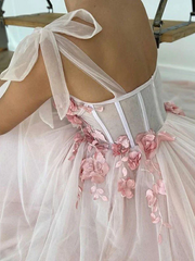 Chic A-line Straps Blushing Pink Prom Dress Long Applique Tulle Evening Dress JKW216|Selinadress