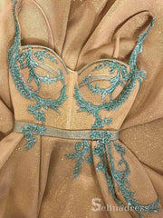 Chic A-line Straps Gold Applique Long Prom Dresses Elegant Evening Dress CBD153