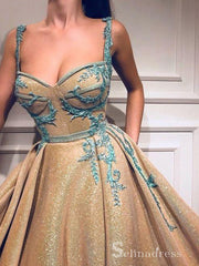 Chic A-line Straps Gold Applique Long Prom Dresses Elegant Evening Dress CBD153