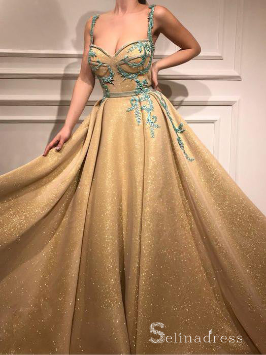 Chic A-line Straps Gold Applique Long Prom Dresses Elegant Evening Dress CBD153