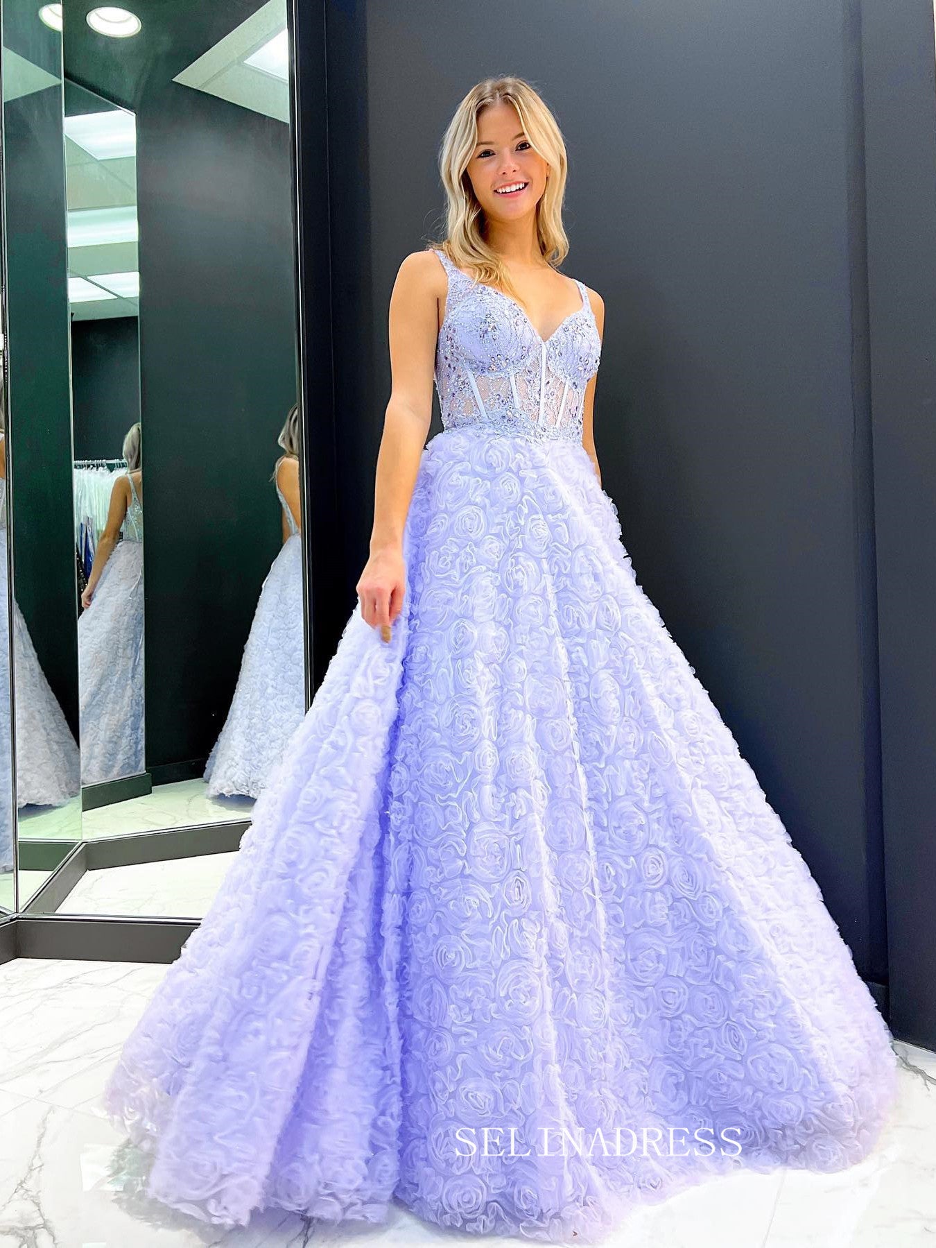 Chic A-line Straps Lace Beaded Long Prom Dress Gorgeous Lavender Evening Dress #OPW016|Selinadress