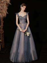 Chic A-line Straps Silver Long Prom Dresses Beaded Tulle Long Formal Gowns Evening Dress OSTY065|Selinadress