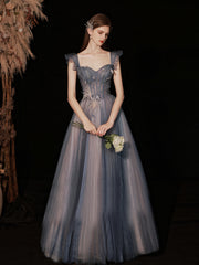 Chic A-line Straps Silver Long Prom Dresses Beaded Tulle Long Formal Gowns Evening Dress OSTY065|Selinadress