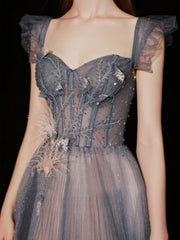 Chic A-line Straps Silver Long Prom Dresses Beaded Tulle Long Formal Gowns Evening Dress OSTY065|Selinadress