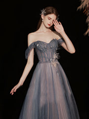 Chic A-line Straps Silver Long Prom Dresses Beaded Tulle Long Formal Gowns Evening Dress OSTY065|Selinadress