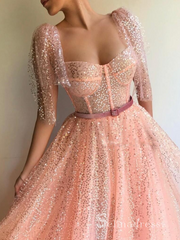 Chic A-line Straps Sparkly Long Prom Dresses Sequins Pink Evening Gowns MSL001|Selinadress