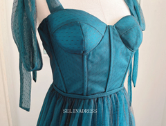 Chic A-line Strps Teal Tulle Long Prom Dresses Cheap Bridesmaid Dress Long Formal Dress OSTY046|Selinadress