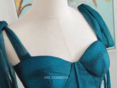 Chic A-line Strps Teal Tulle Long Prom Dresses Cheap Bridesmaid Dress Long Formal Dress OSTY046|Selinadress