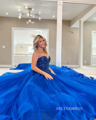 Chic A-line Sweetheart Beaded Long Prom Dress Royal Blue Tulle Elegant Evening Dress #LOP807|Selinadress