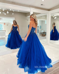 Chic A-line Sweetheart Beaded Long Prom Dress Royal Blue Tulle Elegant Evening Dress #LOP807|Selinadress