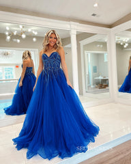 Chic A-line Sweetheart Beaded Long Prom Dress Royal Blue Tulle Elegant Evening Dress #LOP807|Selinadress