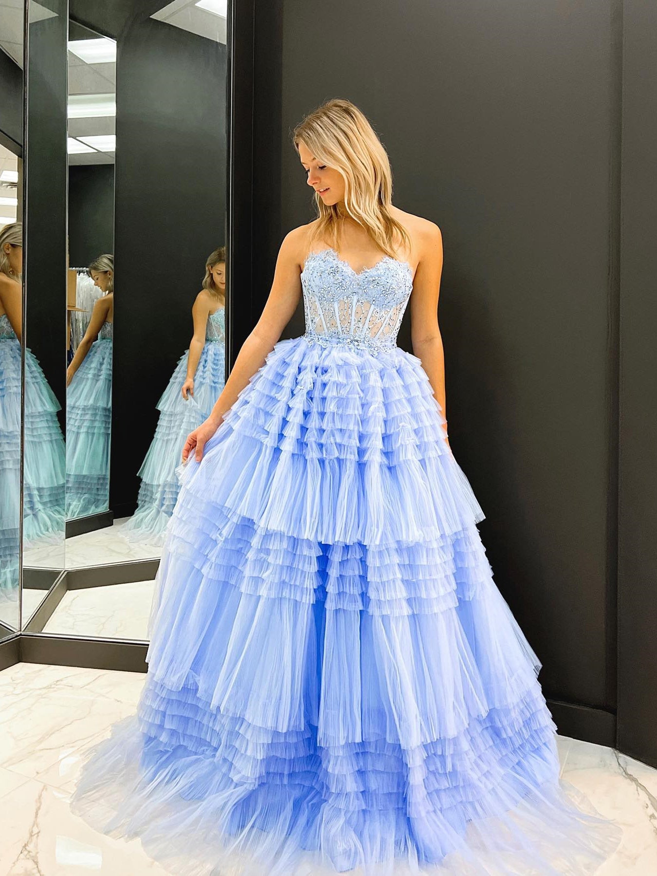Chic A-line Sweetheart Lace Long Prom Dress Blue Gorgeous Frill Layered Gown #OPW007|Selinadress