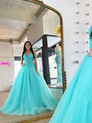 Chic A-line V neck Applique Lace Long Prom Dress Tulle Elegant Evening Dress #lop250