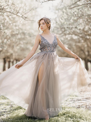 Chic A-line V neck Beaded Gray Long Prom Dress Photography Costumes Formal Dress JKSS514|Selinadress